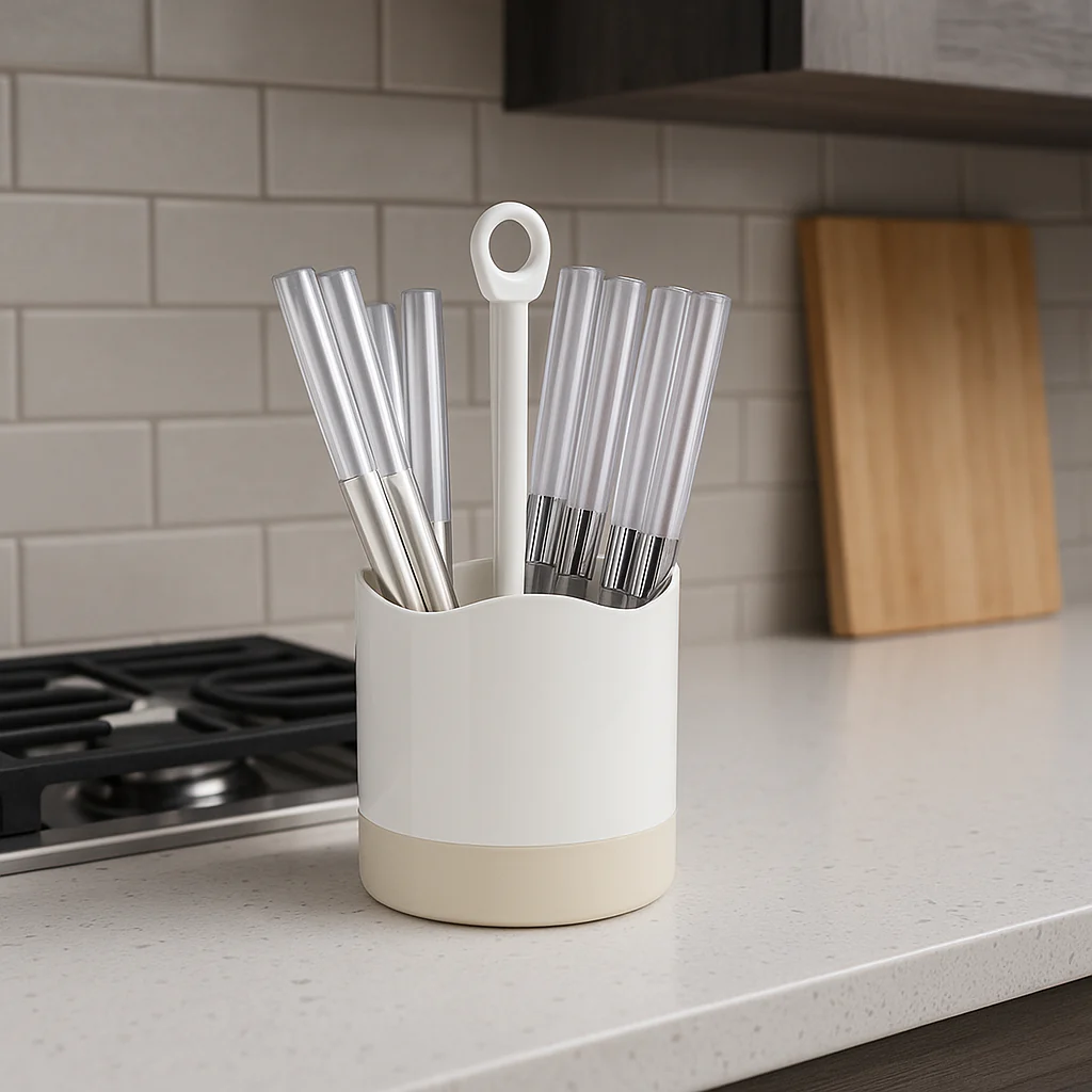 Kit 16 Posate Acciaio Manico Grigio con Supporto Scolaposate Design Moderno - immagine 5