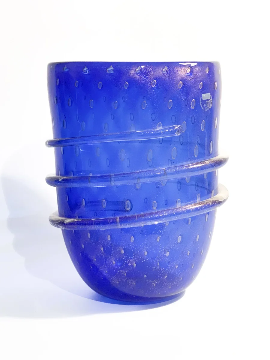 Vaso in Vetro dei Dogi di Murano Blu con Foglia D’Oro Anni 80